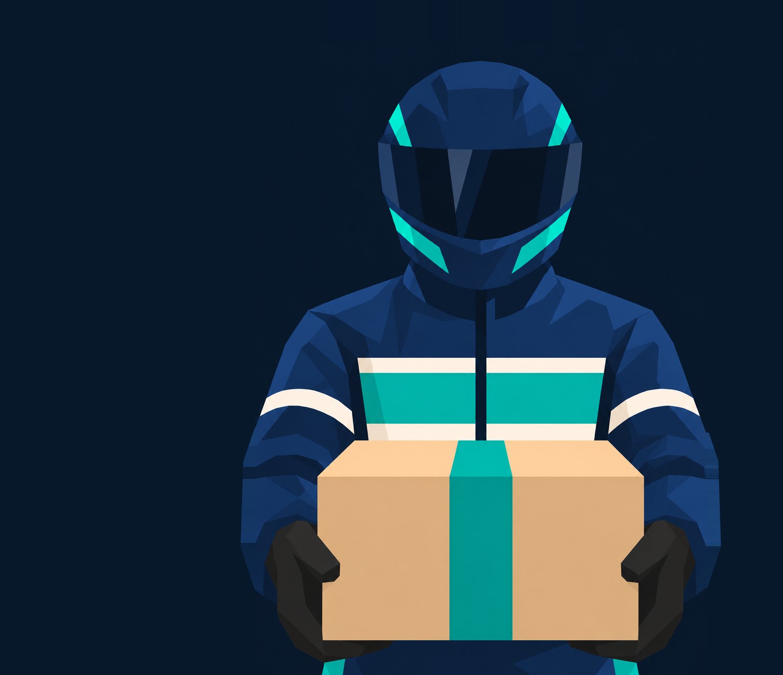 Illustration: a QuickFleet rider in a helmet and a navy jacket with a teal band, holding a taped parcel