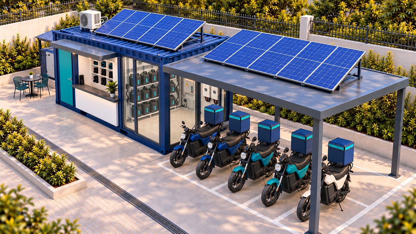 Concept render of a QuickFleet battery-swap hub seen from above: a navy container office with rooftop solar, a solar canopy over five parked electric motorcycles, and a battery cabinet wall