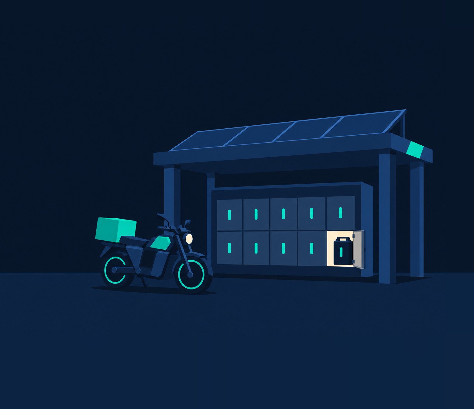 Illustration: a QuickFleet electric motorcycle beside a battery-swap shelter with a solar roof; one locker is open with a charged battery inside