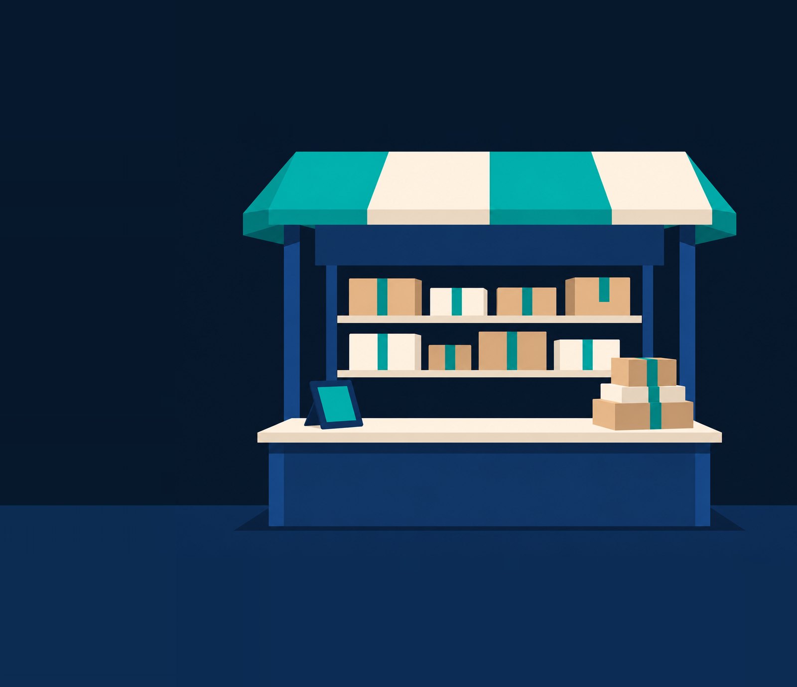 Illustration: a market stall with a striped awning, shelves of taped parcels and a stack ready on the counter