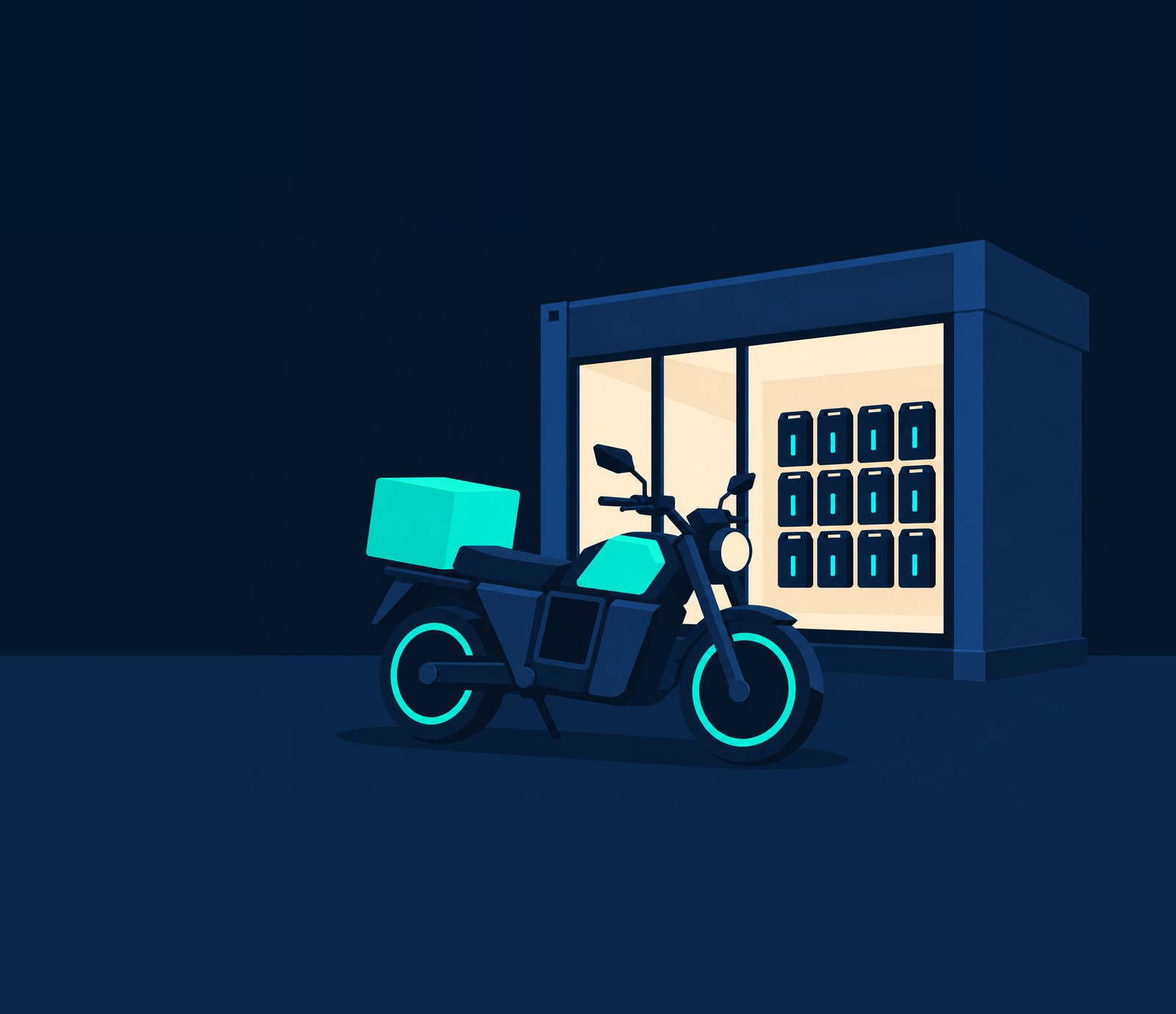 Illustration: a QuickFleet electric motorcycle parked outside a battery-swap hub, with a rack of charging batteries seen through the lit window