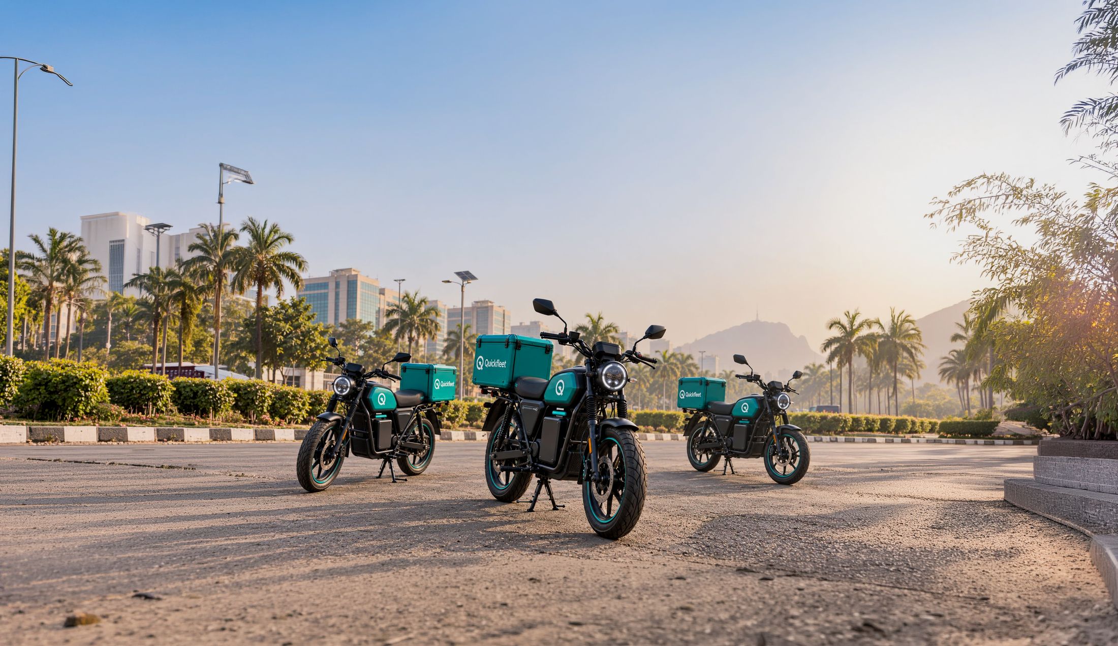 Three QuickFleet electric delivery motorcycles with teal delivery boxes on an Abuja boulevard at sunrise