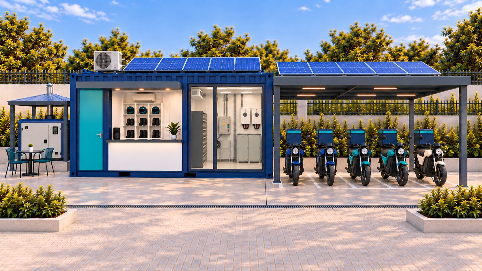 Concept render of a QuickFleet battery-swap hub at street level: the customer counter, the battery cabinet wall behind glass, and electric motorcycles under the solar canopy